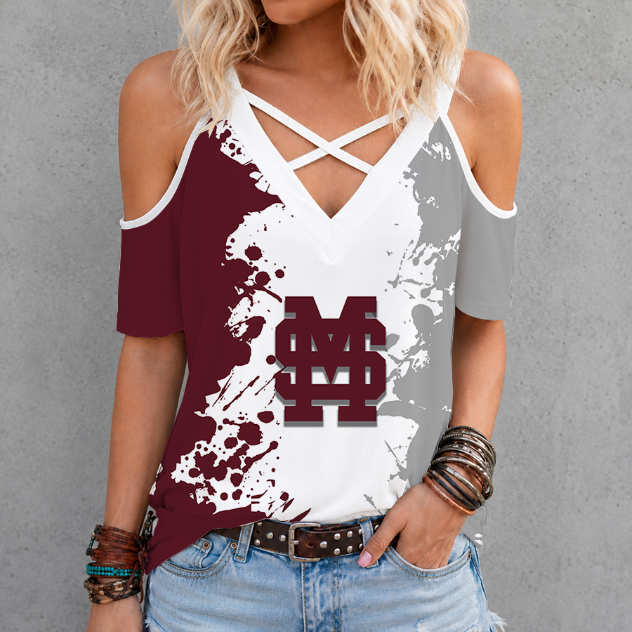 [FAN FAVORITE] NEW CUSTOMIZED NCAA CWS11 MSB MISSISSIPPI STATE BULLDOGS CRISS CROSS V-NECK TOP