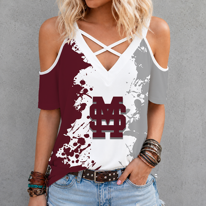 [FAN FAVORITE] NEW CUSTOMIZED NCAA CWS11 MSB MISSISSIPPI STATE BULLDOGS CRISS CROSS V-NECK TOP