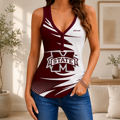 [FAN FAVORITE] NEW CUSTOMIZED NCAA CWS11 MSB MISSISSIPPI STATE BULLDOGS WOMEN'S V-NECK TANK TOP