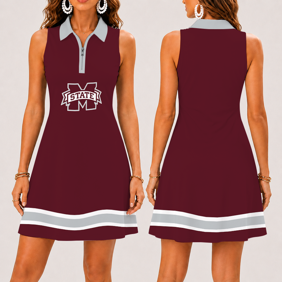 [FAN FAVORITE] NEW CUSTOMIZED NCAA CWS11 MSB MISSISSIPPI STATE BULLDOGS WOMEN'S ZIP SLEEVELESS POLO DRESS