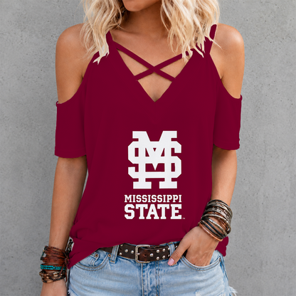 [FAN FAVORITE] NEW CUSTOMIZED NCAA CWS11 MSB MISSISSIPPI STATE BULLDOGS CRISS CROSS V-NECK TOP