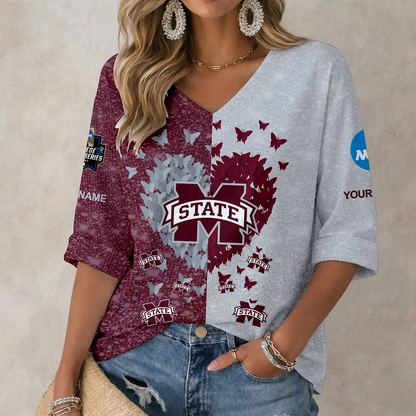 LIMITED EDITION - NEW CUSTOMIZED NCAA CWS11 MSB MISSISSIPPI STATE BULLDOGS WOMEN'S HEART V-NECK LONG SLEEVE SHIRT