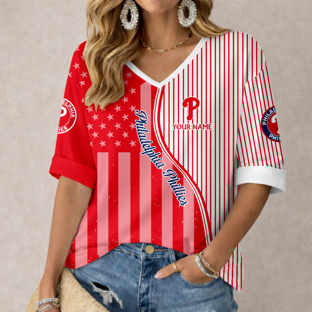 ELITE EDITION - NEW CUSTOMIZED MLB11 PPS PHILADELPHIA PHILLIES  WOMEN'S HEART V-NECK LONG SLEEVE SHIRT