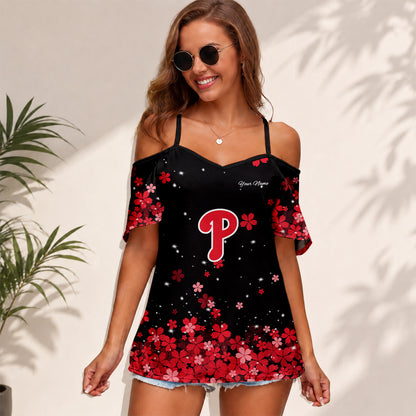 [FLASH SALE] NEW CUSTOMIZED MLB11 PPS PHILADELPHIA PHILLIES WOMEN'S STRAPPY OFF-SHOULDER TOP