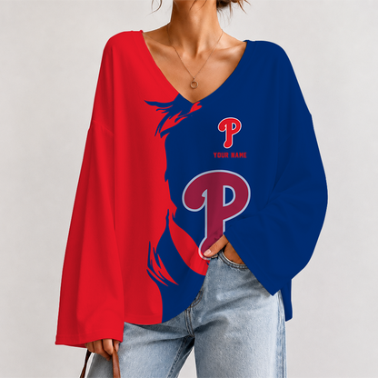 [FLASH SALE] NEW CUSTOMIZED MLB11 PPS PHILADELPHIA PHILLIES V-NECK LONG SLEEVED CROP TOP