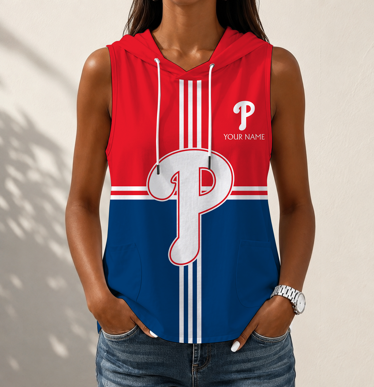 LIMITED EDITION - NEW CUSTOMIZED MLB11 PPS PHILADELPHIA PHILLIES WOMEN'S SLEEVELESS HOODED POCKET TANK TOP