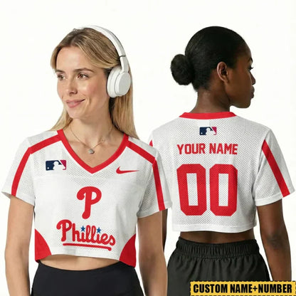 [FLASH SALE] NEW CUSTOMIZED MLB11 PPS PHILADELPHIA PHILLIES V-NECK JERSEY CROP TOP