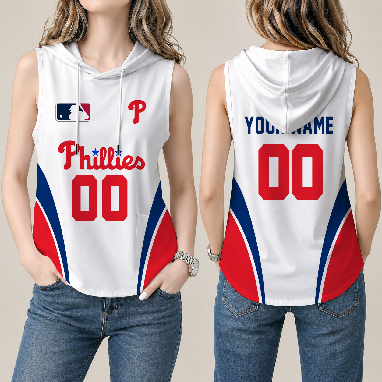 [FLASH SALE] NEW CUSTOMIZED MLB11 PPS PHILADELPHIA PHILLIES WOMEN'S SLEEVELESS HOODED POCKET TANK TOP