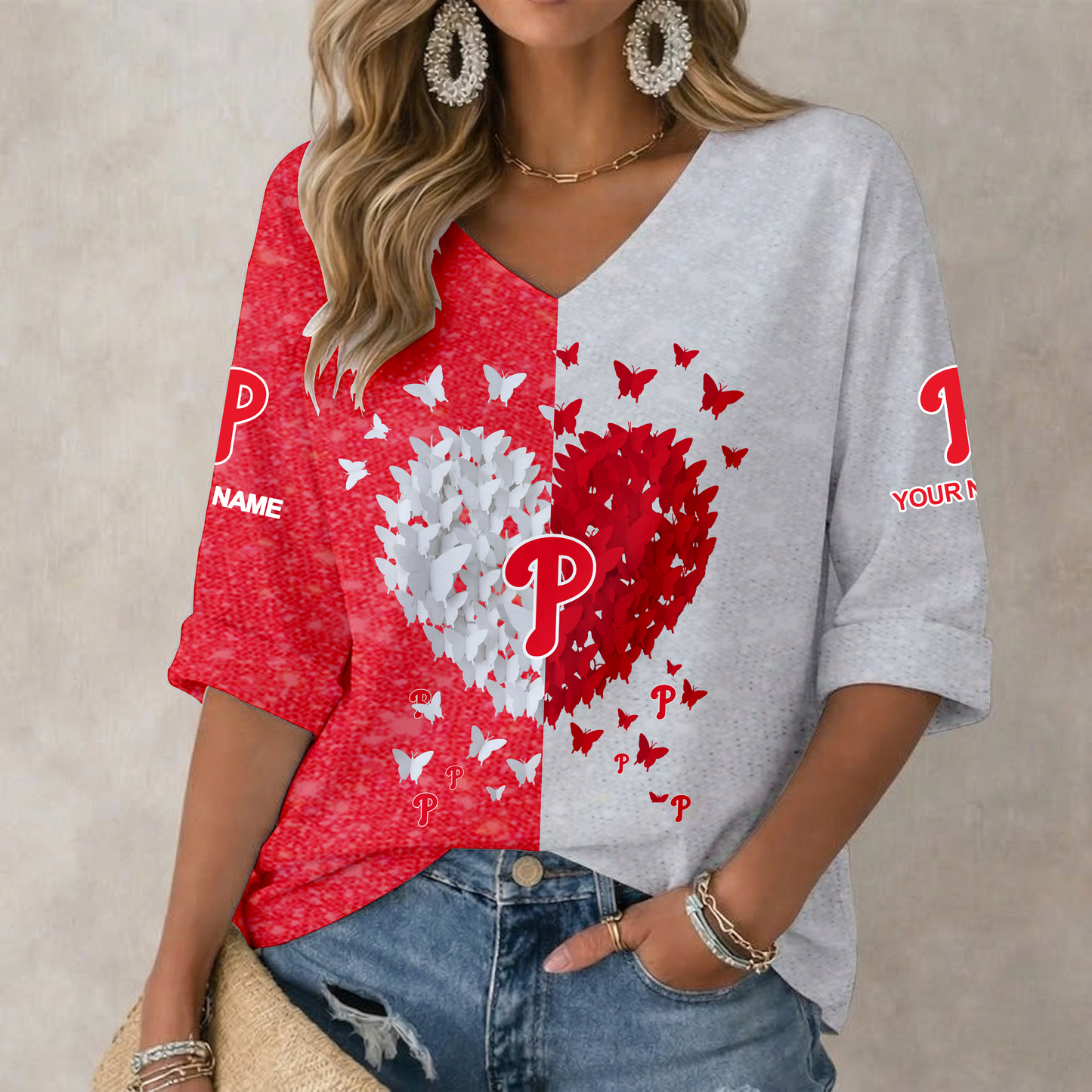 LIMITED EDITION - NEW CUSTOMIZED MLB11 PPS PHILADELPHIA PHILLIES  WOMEN'S HEART V-NECK LONG SLEEVE SHIRT