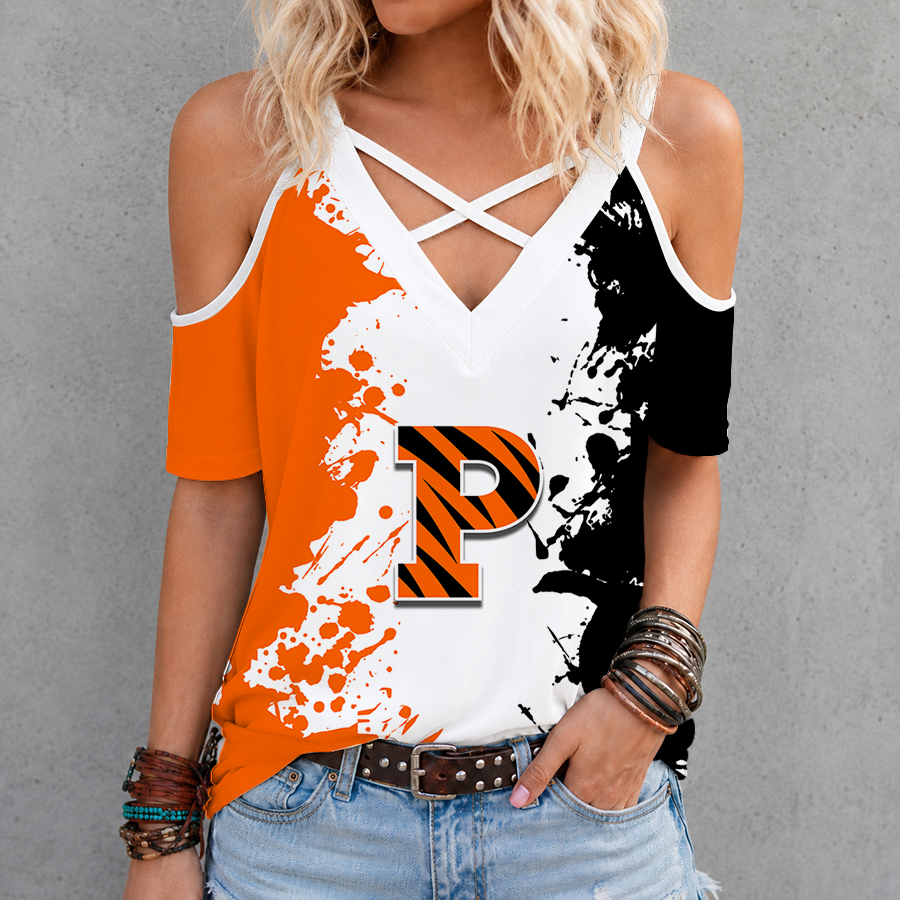 [FAN FAVORITE] NEW CUSTOMIZED NCAA CFH11 PRT PRINCETON TIGERS CRISS CROSS V-NECK TOP