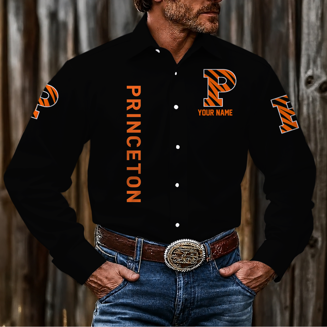 EXCLUSIVE EDITION - NEW CUSTOMIZED NCAA CFH11 PRT PRINCETON TIGERS MEN'S LONG SLEEVE BUTTON-UP SHIRT