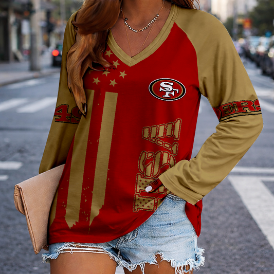 LIMITED EDITION - NEW CUSTOMIZED NFL11 SF49 SAN FRANCISCO 49ERS WOMEN'S V-NECK LONG SLEEVED SHIRT