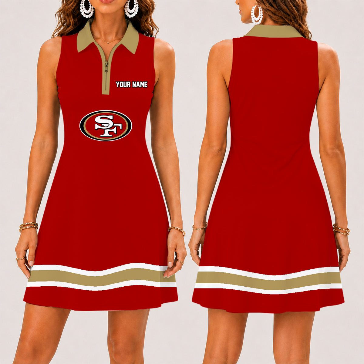 [SPECIAL OFFER] NEW CUSTOMIZED NFL11 SF49 SAN FRANCISCO 49ERS WOMEN'S ZIP SLEEVELESS POLO DRESS