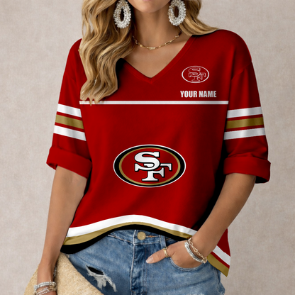 LIMITED EDITION - NEW CUSTOMIZED NFL11 SF49 SAN FRANCISCO 49ERS WOMEN'S V-NECK MID-SLEEVE SHIRT