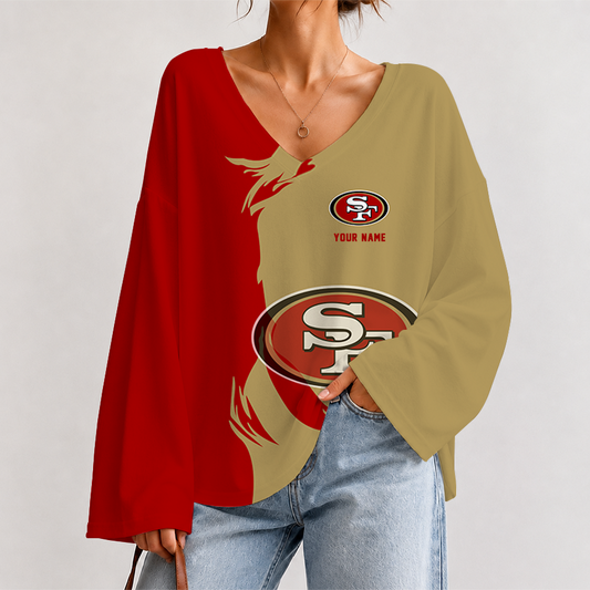 [SPECIAL OFFER] NEW CUSTOMIZED NFL11 SF49 SAN FRANCISCO 49ERS V NECK LONG SLEEVED CROP TOP
