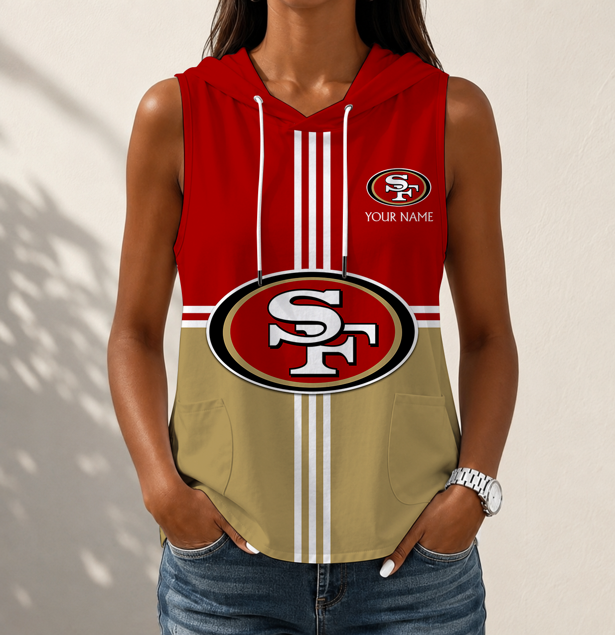 LIMITED EDITION - NEW CUSTOMIZED NFL11 SF49 SAN FRANCISCO 49ERS WOMEN'S SLEEVELESS HOODED POCKET TANK TOP