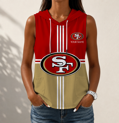 LIMITED EDITION - NEW CUSTOMIZED NFL11 SF49 SAN FRANCISCO 49ERS WOMEN'S SLEEVELESS HOODED POCKET TANK TOP