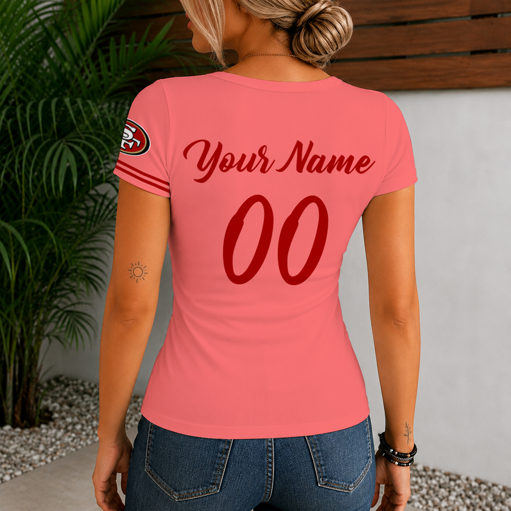 [SPECIAL OFFER] NEW CUSTOMIZED NFL11 SF49 SAN FRANCISCO 49ERS WOMEN'S SHORT SLEEVE HENLEY T-SHIRT