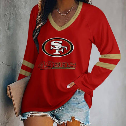 LIMITED EDITION - NEW CUSTOMIZED NFL11 SF49 SAN FRANCISCO 49ERS WOMEN'S V-NECK LONG SLEEVED SHIRT