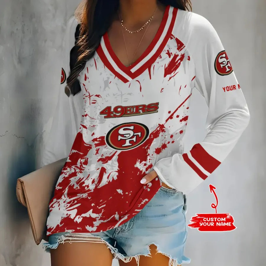 [SPECIAL OFFER] NEW CUSTOMIZED NFL11 SF49 SAN FRANCISCO 49ERS WOMEN'S V-NECK LONG SLEEVED SHIRT