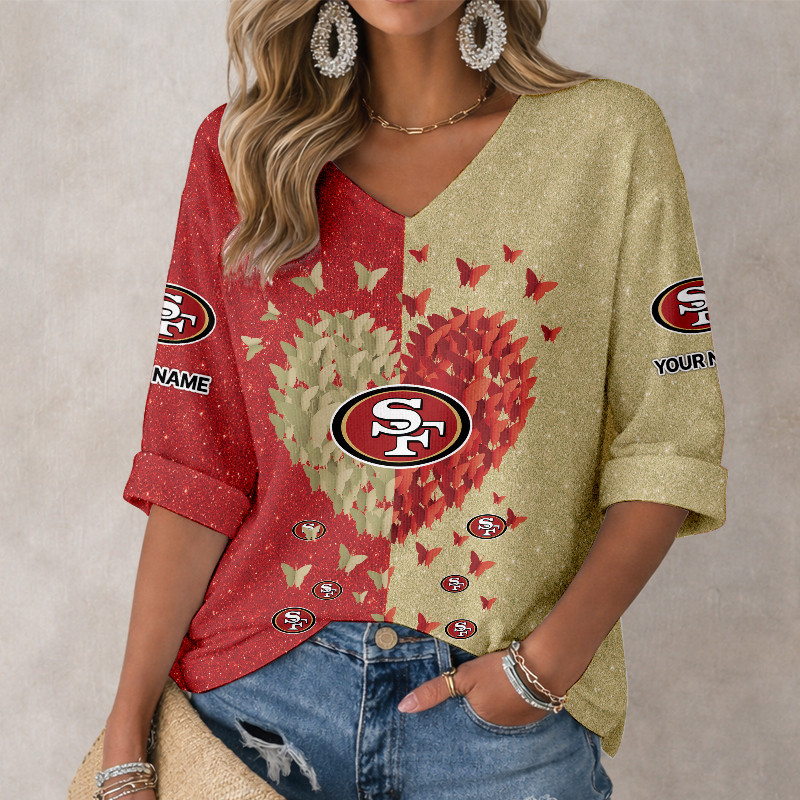 LIMITED EDITION - NEW CUSTOMIZED NFL11 SF49 SAN FRANCISCO 49ERS WOMEN'S HEART V-NECK LONG SLEEVE SHIRT