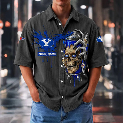 MEGA SALE - NEW CUSTOMIZED NCAA FBS11 BYU BYU COUGARS SEERSUCKER BUTTON SHIRT