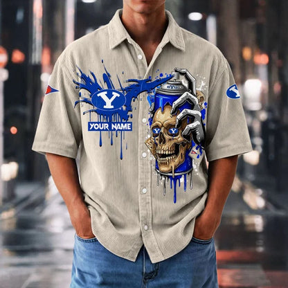 MEGA SALE - NEW CUSTOMIZED NCAA FBS11 BYU BYU COUGARS SEERSUCKER BUTTON SHIRT