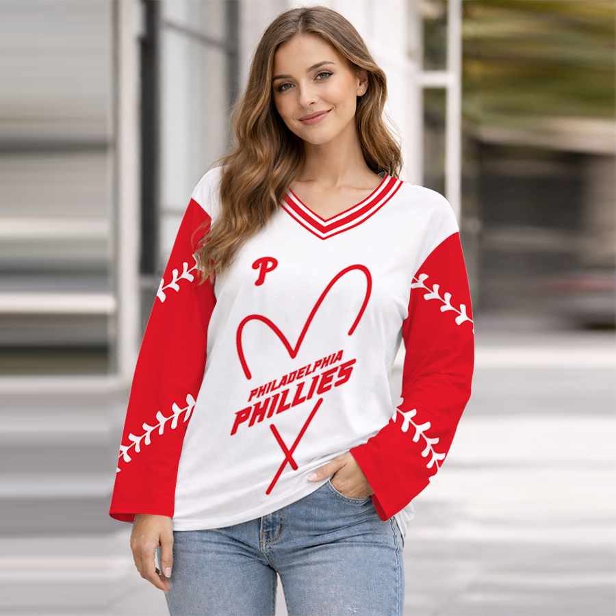 LIMITED EDITION - NEW CUSTOMIZED MLB11 PPS PHILADELPHIA PHILLIES  WOMEN'S HEART V-NECK LONG SLEEVE SHIRT
