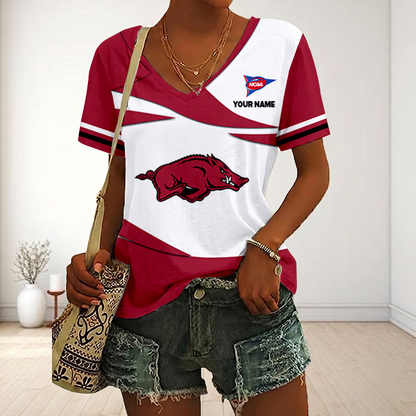 LIMITED DROP - NEW CUSTOMIZED | NCAA FBS12 AKR AK RAZORBACKS V-NECK FEMALE SHIRT