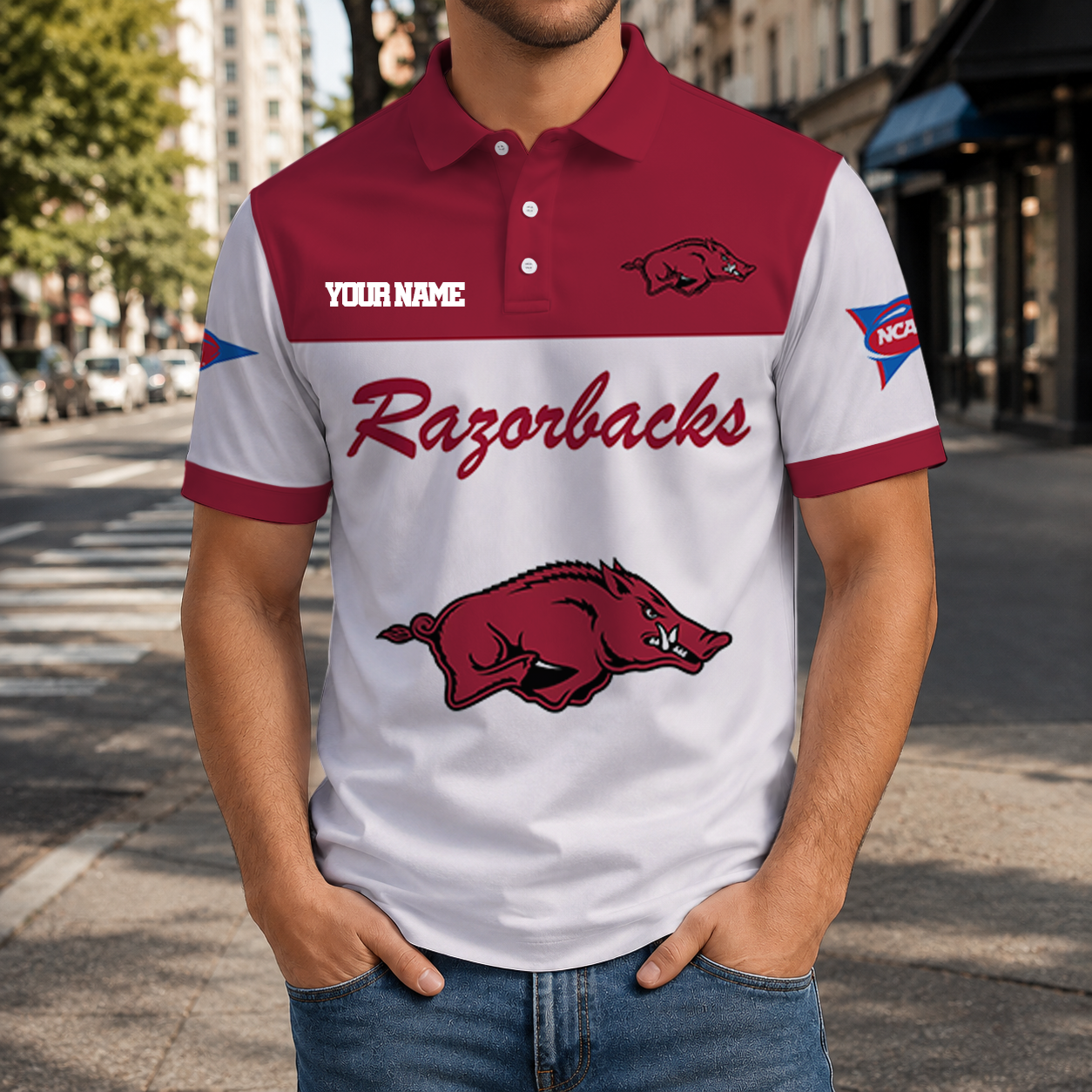 EXCLUSIVE EDITION - NEW CUSTOMIZED NCAA FBS12 AKR ARKANSAS RAZORBACKS POLO SHIRT, ZIP POLO SHIRT & T-SHIRTS