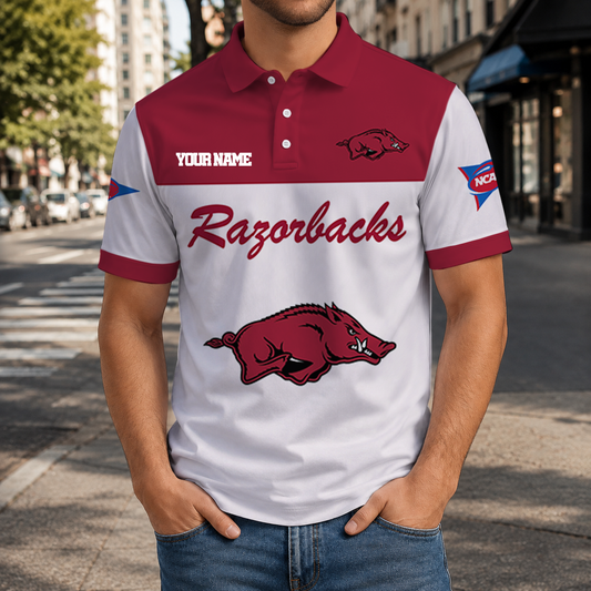 EXCLUSIVE EDITION - NEW CUSTOMIZED NCAA FBS12 AKR ARKANSAS RAZORBACKS POLO SHIRT, ZIP POLO SHIRT & T-SHIRTS