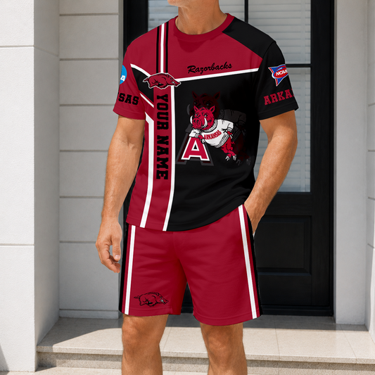 ELITE EDITION - NEW CUSTOMIZED NCAA FBS12 AKR ARKANSAS RAZORBACKS T-SHIRT & SHORT PANTS SET