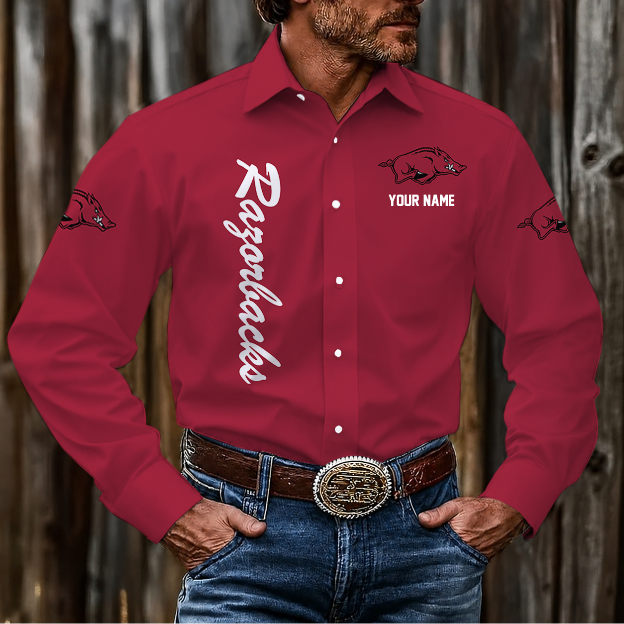 LIMITED EDITION - NEW CUSTOMIZED NCAA FBS12 AKR ARKANSAS RAZORBACKS MEN'S LONG SLEEVE BUTTON-UP SHIRT