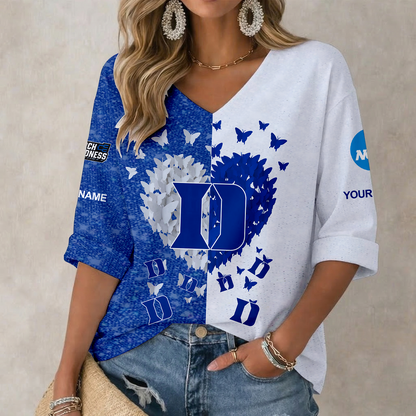 LIMITED EDITION - NEW CUSTOMIZED NCAA MAM12 DLD DUKE BLUE DEVILS WOMEN'S HEART V-NECK LONG SLEEVE SHIRT
