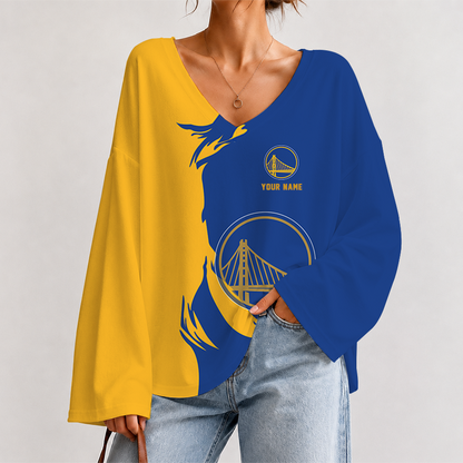 [HOT DEAL] NEW CUSTOMIZED NBA12 GSW GOLDEN STATE WARRIORS V-NECK LONG SLEEVED CROP TOP