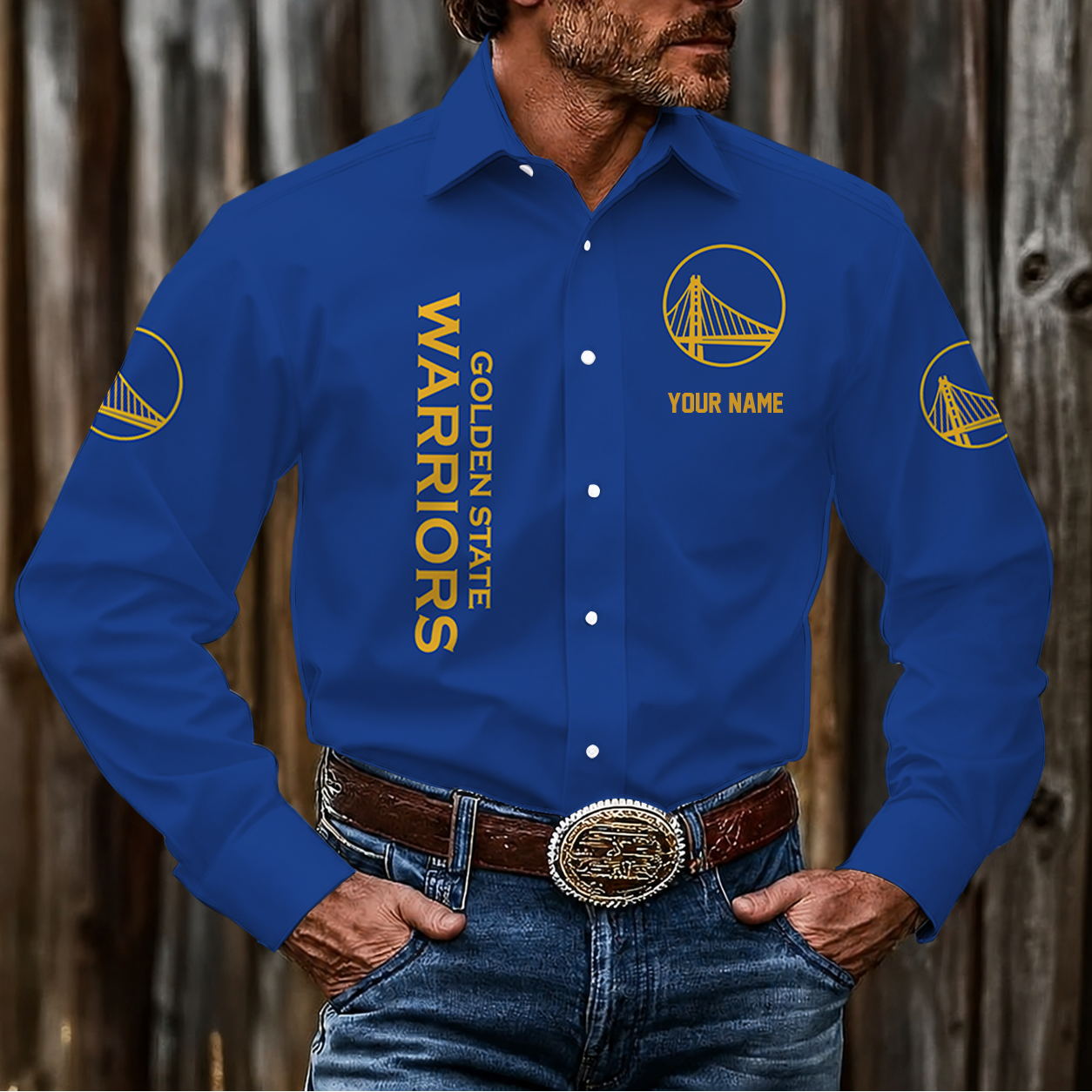 LIMITED EDITION - NEW CUSTOMIZED NBA12 GSW GOLDEN STATE WARRIORS MEN'S LONG SLEEVE BUTTON-UP SHIRT