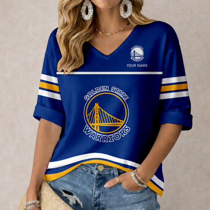 LIMITED EDITION - NEW CUSTOMIZED NBA12 GSW GOLDEN STATE WARRIORS WOMEN'S HEART V-NECK LONG SLEEVE SHIRT