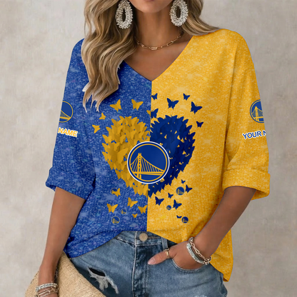 LIMITED EDITION - NEW CUSTOMIZED NBA12 GSW GOLDEN STATE WARRIORS WOMEN'S HEART V-NECK LONG SLEEVE SHIRT