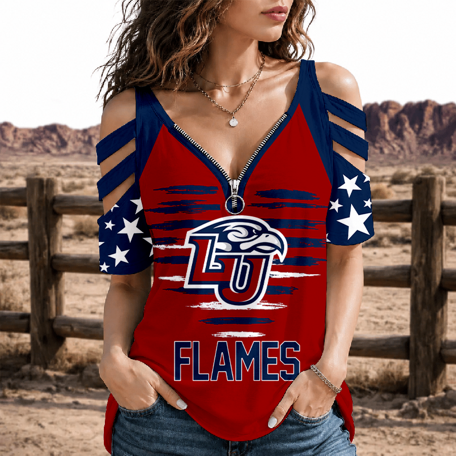 [FAN FAVORITE] NEW CUSTOMIZED NCAA CFH12 LIF LIBERTY FLAMES STRAPPY COLD-SHOULDER TOP