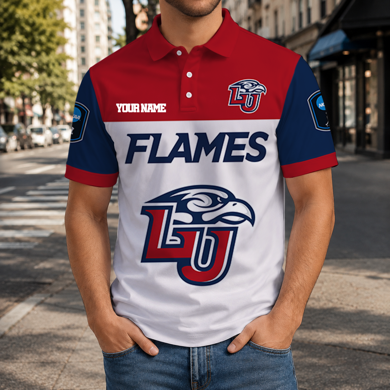 EXCLUSIVE EDITION - NEW CUSTOMIZED NCAA CFH12 LIF LIBERTY FLAMES POLO SHIRT, ZIP POLO SHIRT & T-SHIRTS