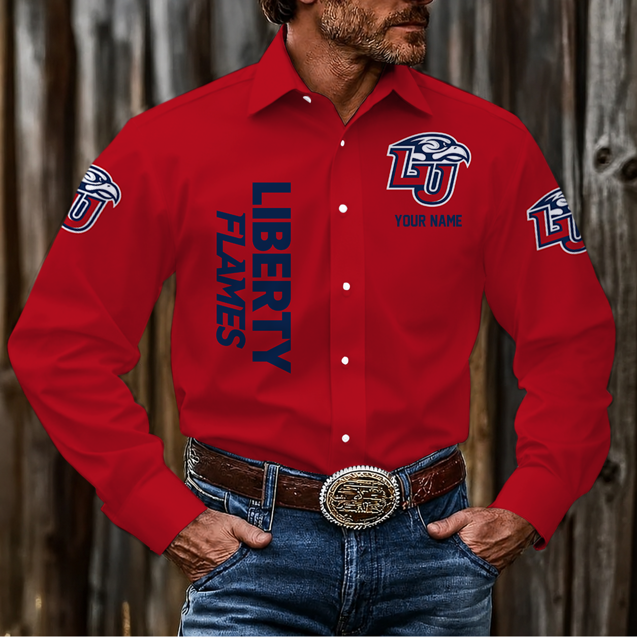EXCLUSIVE EDITION - NEW CUSTOMIZED NCAA CFH12 LIF LIBERTY FLAMES MEN'S LONG SLEEVE BUTTON-UP SHIRT