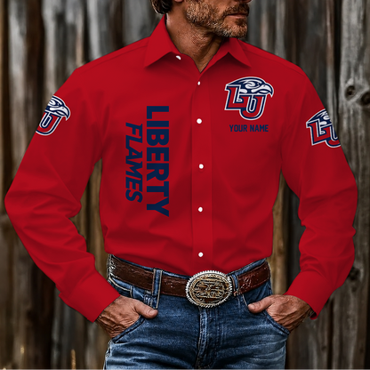 EXCLUSIVE EDITION - NEW CUSTOMIZED NCAA CFH12 LIF LIBERTY FLAMES MEN'S LONG SLEEVE BUTTON-UP SHIRT
