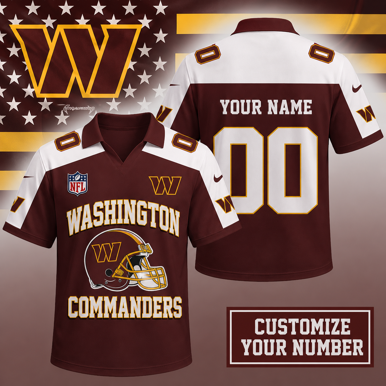 ELITE EDITION - NEW CUSTOMIZED NFL12 WTC WASHINGTON COMMANDERS POLO SHIRT