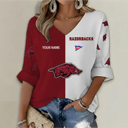 ELITE EDITION - NEW CUSTOMIZED NCAA FBS12 AKR ARKANSAS RAZORBACKS WOMEN'S HEART V-NECK LONG SLEEVE SHIRT