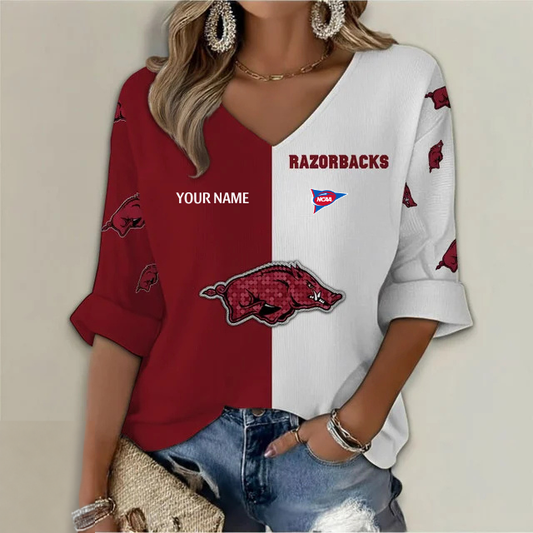 ELITE EDITION - NEW CUSTOMIZED NCAA FBS12 AKR ARKANSAS RAZORBACKS WOMEN'S HEART V-NECK LONG SLEEVE SHIRT