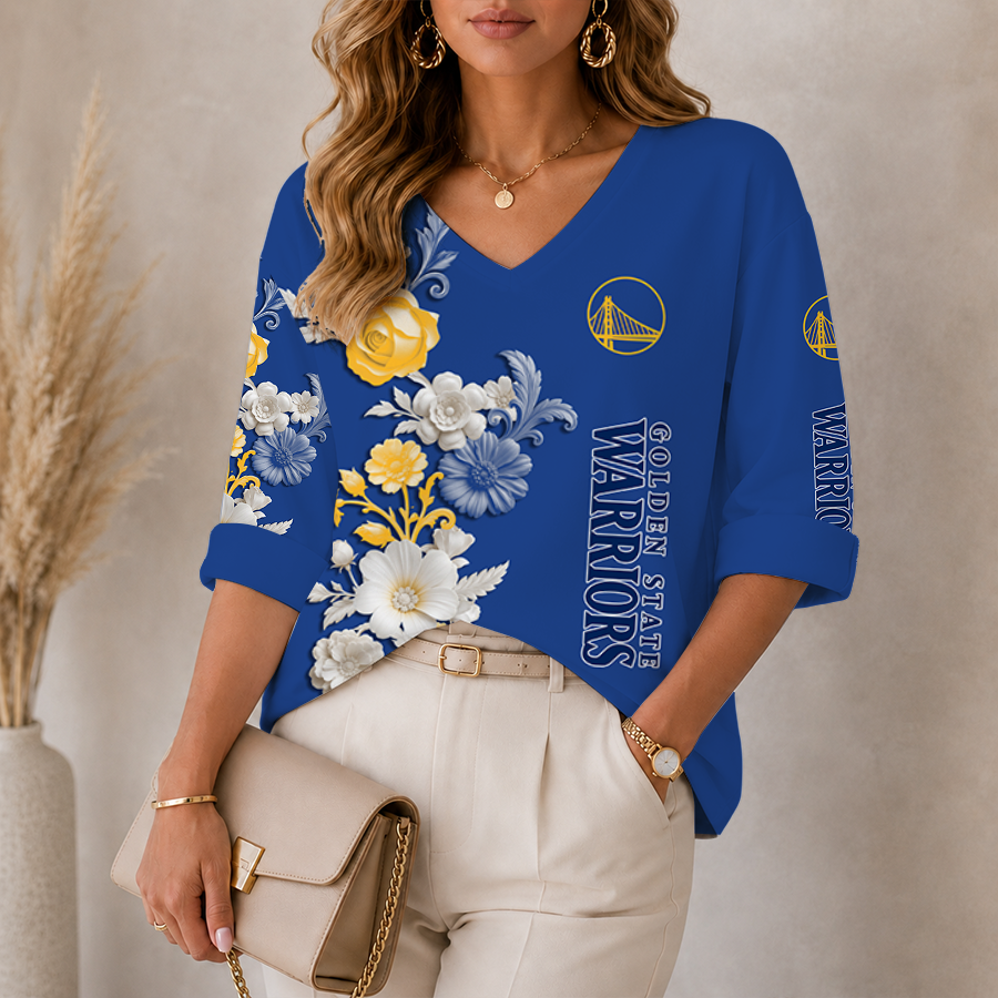 [HOT DEAL] NEW CUSTOMIZED NBA12 GSW GOLDEN STATE WARRIORS WOMEN'S V-NECK LONG SLEEVE SHIRT
