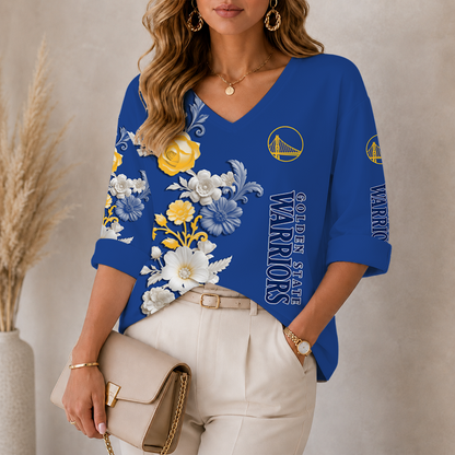 [HOT DEAL] NEW CUSTOMIZED NBA12 GSW GOLDEN STATE WARRIORS WOMEN'S V-NECK LONG SLEEVE SHIRT