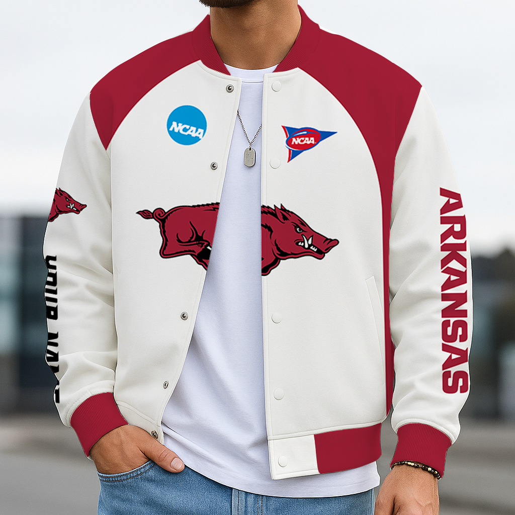 LIMITED EDITION - NEW CUSTOMIZED NCAA FBS12 AKR ARKANSAS RAZORBACKS BASEBALL JACKET, SATIN VARSITY JACKET
