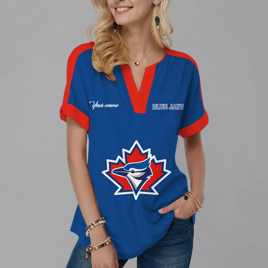 [FLASH SALE] NEW CUSTOMIZED MLB12 TBJ TORONTO BLUE JAYS V-NECK FEMALE SHIRT