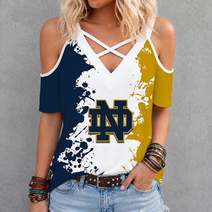 [FAN FAVORITE] NEW CUSTOMIZED NCAA MFF12 NFI NOTRE DAME FIGHTING IRISH CRISS CROSS V-NECK TOP